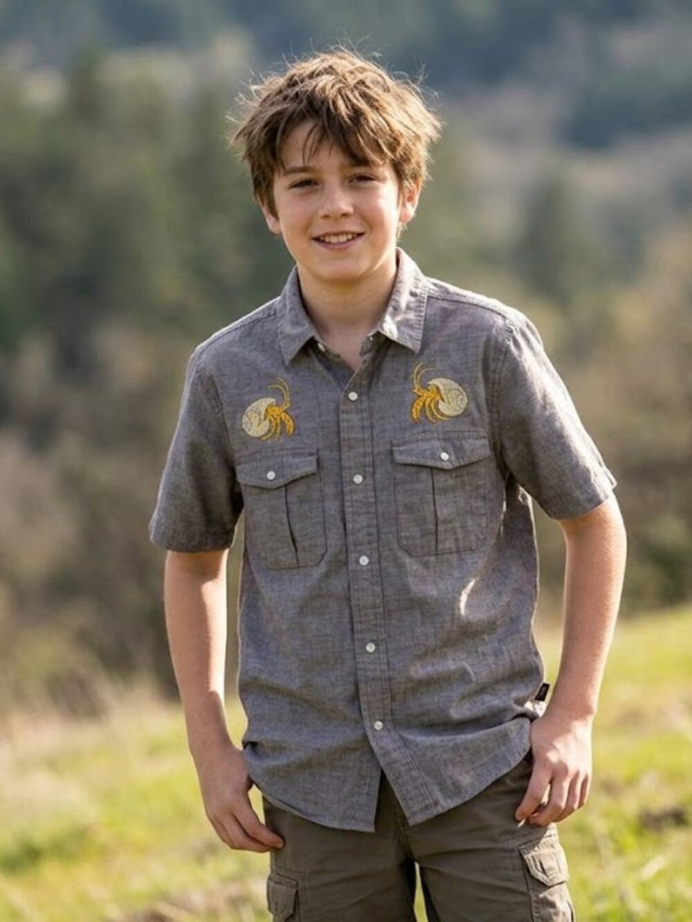 Howler Bros. Gray/Brown Short Sleeve Button-Down Shirt with Yellow Embroidery  L